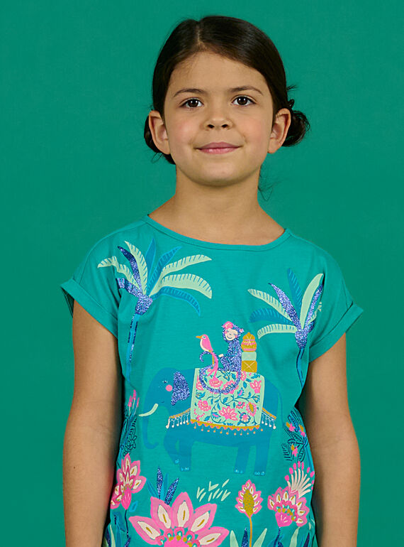 Kind Mädchen türkisfarbenes T-Shirt mit Elefantenmotiv NAGATI2 / 22S901O1TMC202