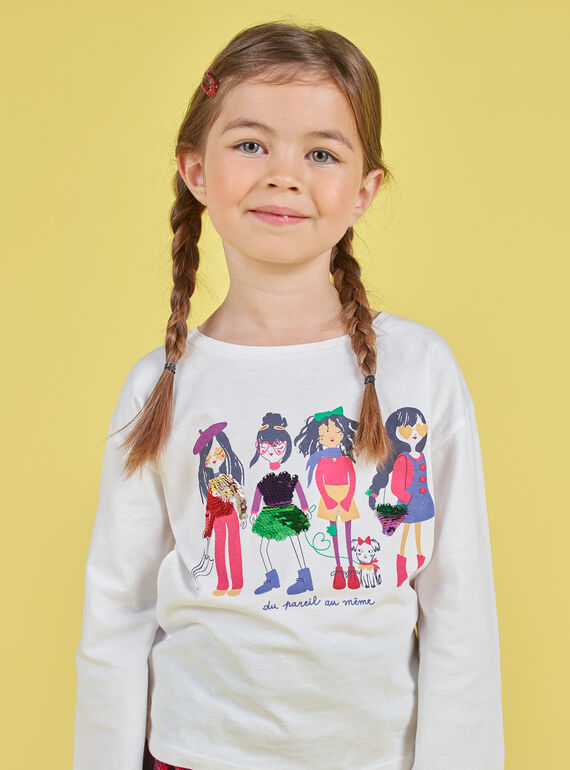 Kind Mädchen ecru Puffärmel T-Shirt mit reversible Pailletten drucken MAMIXTEE4 / 21W901J5TML001