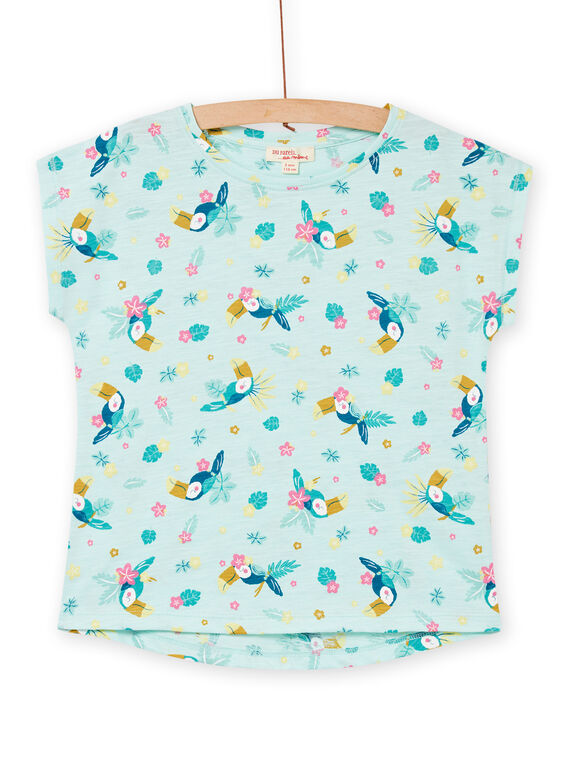 Eisblaues T-Shirt mit Papagei und Blumenmuster für Kind Mädchen NAJOTI8 / 22S901C3TMC219