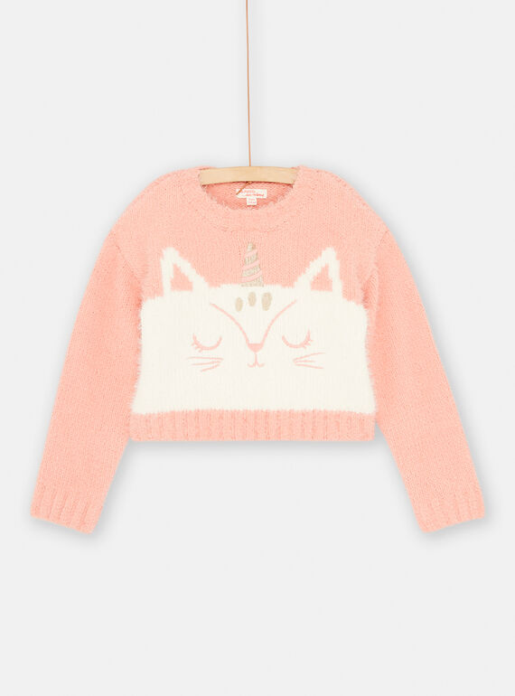 Lachsfarbener und ungebleichter Pullover mit Katzen-Einhorn-Motiv für Mädchen SADUPULL / 23W901P1PUL401