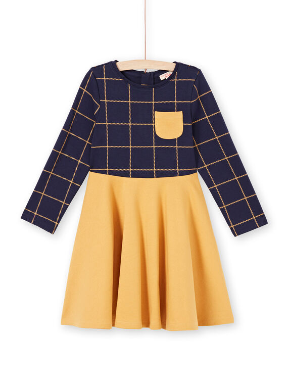 Zweifarbiges langärmeliges Kleid für Mädchen in Nachtblau und Gelb MAJOROB5 / 21W90123ROBC205