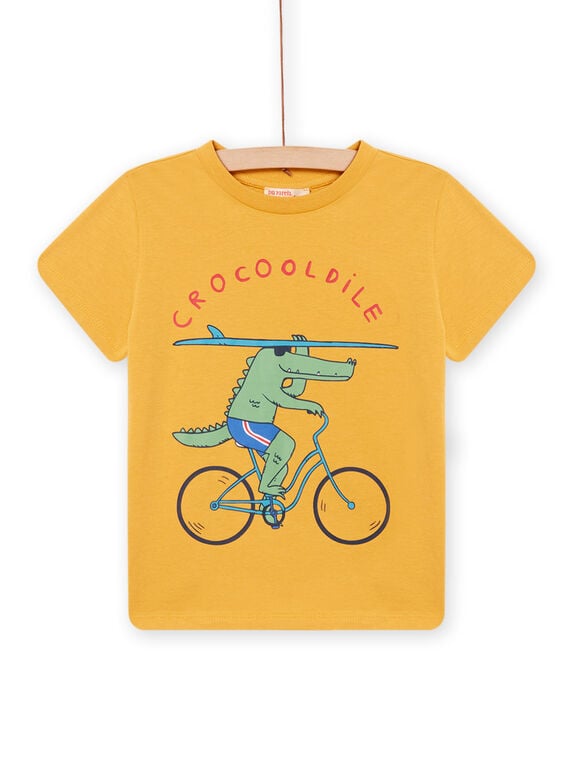 Gelbes T-Shirt mit Krokodil-Motiv auf dem Fahrrad Kind Jungen NOJOTI5 / 22S902C4TMCB107