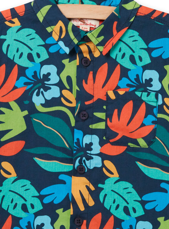 Kind Junge mitternachtsblaues T-Shirt mit Laubdruck NOWASHIRT / 22S902V1CHM705