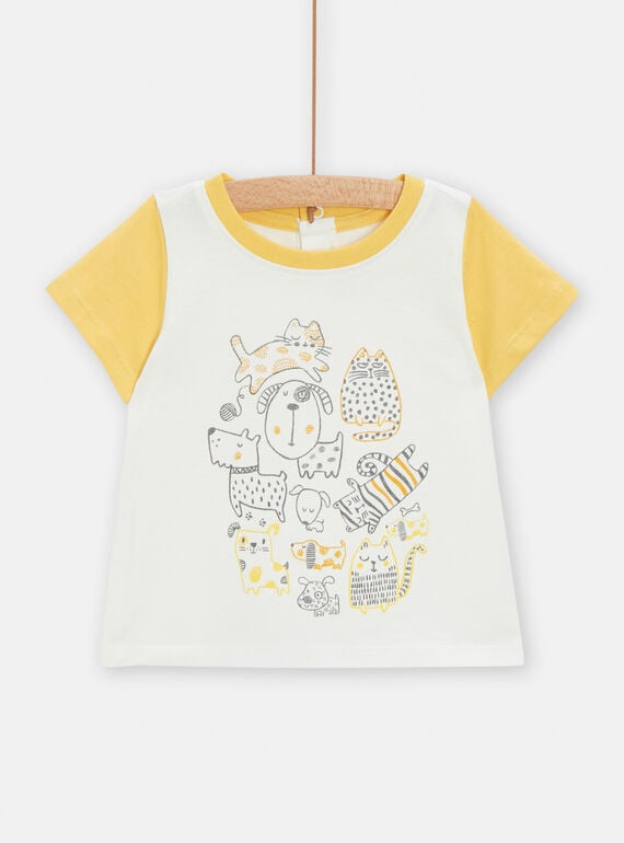 Baby-Jungen-T-Shirt in Ecru mit Katzen- und Hundemotiv TULITI1 / 24SG10T1TMC001