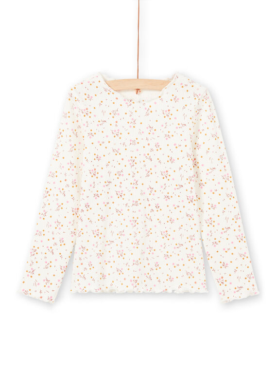 Langärmeliges geripptes T-Shirt für Mädchen in Ecru mit Blumenmuster MAJOUTEE4 / 21W90128TML001