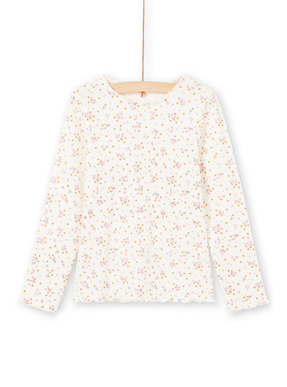 Langärmeliges geripptes T-Shirt für Mädchen in Ecru mit Blumenmuster MAJOUTEE4 / 21W90128TML001