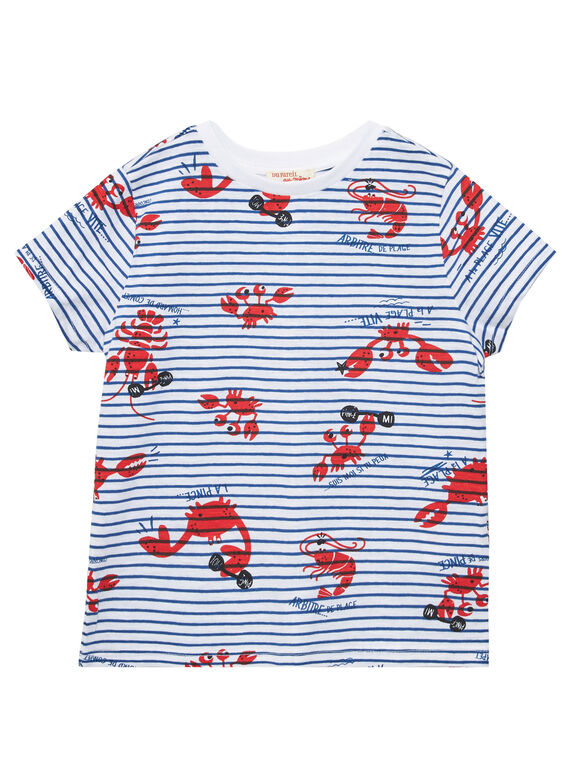 Weißes kurzärmeliges T-Shirt für Jungen, gestreift und mit Hummern und Krabben bedruckt JOCEATI5 / 20S902N5TMC000