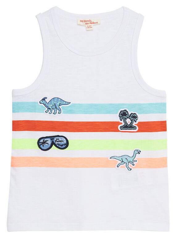 Weißes Tanktop für Jungen, mit Aufdruck vorne und Badges JOQUADEB / 20S902R1DEB000