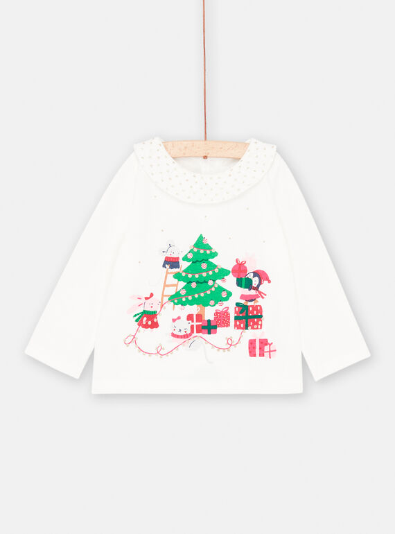 Ecrufarbenes Weihnachts-T-Shirt mit langen Ärmeln für Baby-Mädchen SIWAYBRA / 23WG09S1BRA001