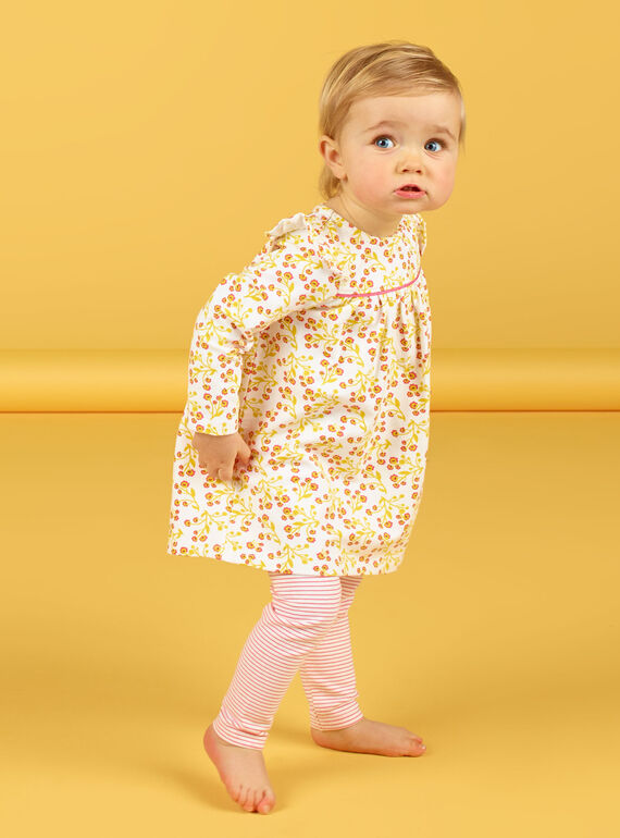 Kleid mit weißem und gelbem Blumendruck und weiß-rot gestreifte Leggings Baby-Mädchen-Set LINAUENS1 / 21SG09L2ENS001