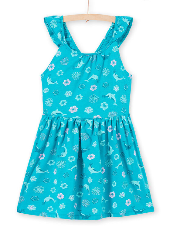 Türkisfarbenes Kleid für Mädchen mit gerüschten Trägern, Delphin- und Blumendruck LAPLAROB2 / 21S901T1ROBC216