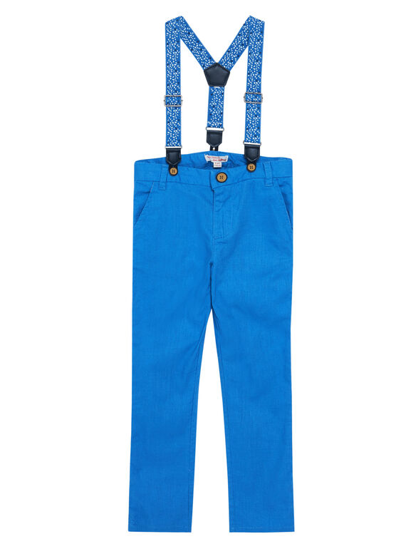 Blaue Jungenhose aus Leinen und Baumwolle mit bedruckten Trägern JOSOPAN / 20S90281PAN201