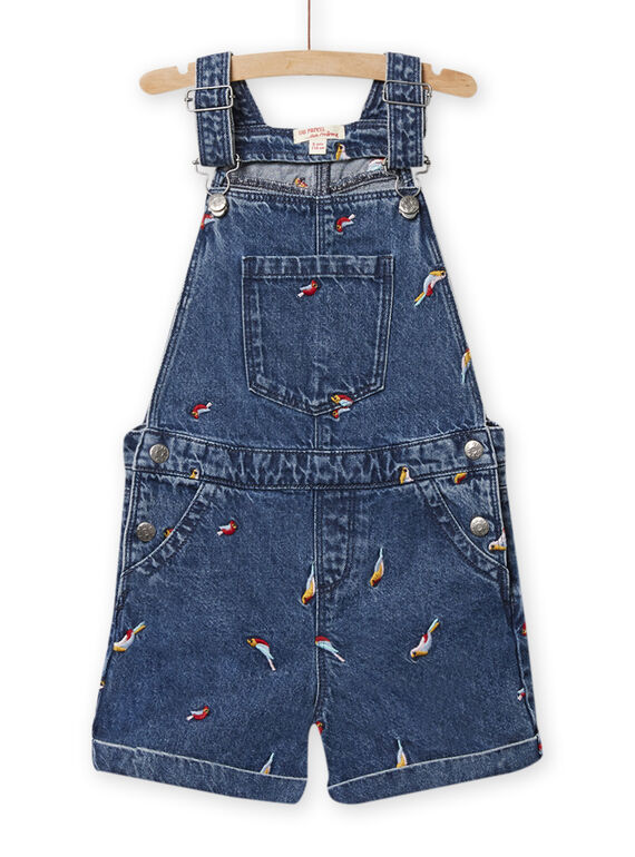 Kind Mädchen mittelgroßer Denim-Overall mit buntem Vogeldruck NALUSAC / 22S901P1SACP274