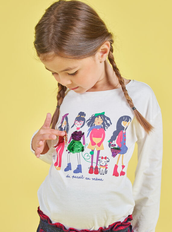 Kind Mädchen ecru Puffärmel T-Shirt mit reversible Pailletten drucken MAMIXTEE4 / 21W901J5TML001