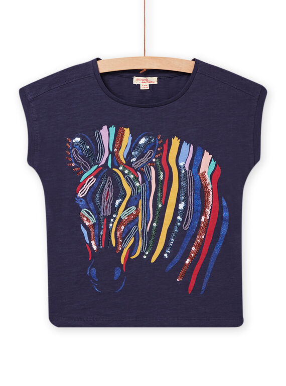 Marineblaues T-Shirt mit bunter Zebra-Animation Kind Mädchen NALUTI2 / 22S901P1TMC070