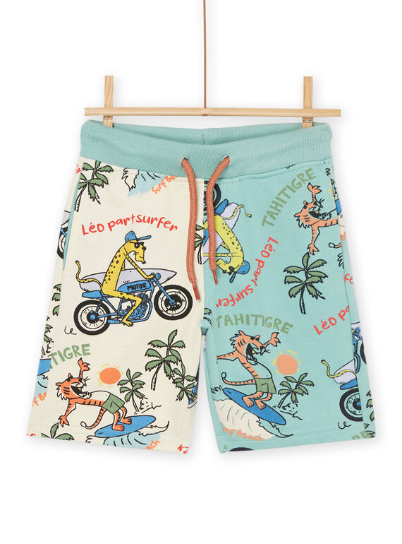 Cremefarbene und türkisfarbene Badeshorts mit Surfer-Katzen-Print ROEXOBER2 / 23S902V1BERA002