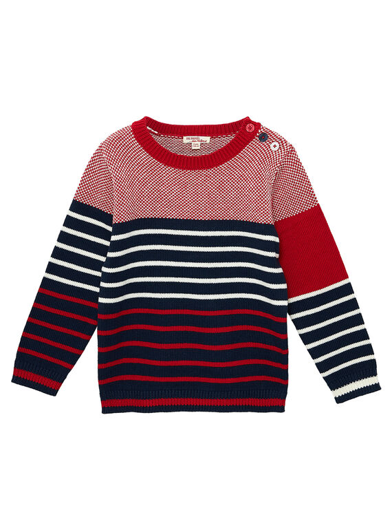 Gestreifter jacquardgemusterter Baumwollpullover für Jungen in Marineblau und Rot JOJOPUL3 / 20S90242D2EF505