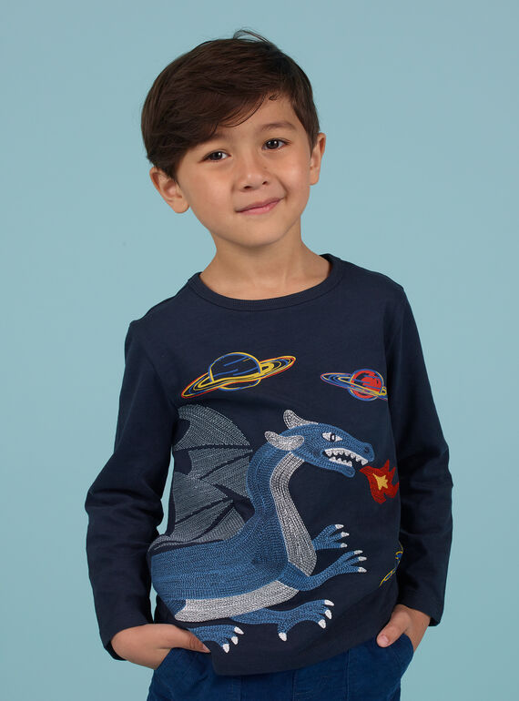 Jungen-T-Shirt in Mitternachtsblau mit Drachen- und Weltraummotiv MOPLATEE3 / 21W902O4TML705