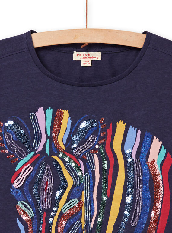 Marineblaues T-Shirt mit bunter Zebra-Animation Kind Mädchen NALUTI2 / 22S901P1TMC070
