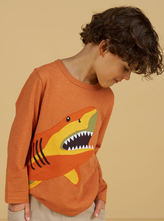 Rostfarbenes T-Shirt mit Hai-Motiv für Kind Junge NOVITEE2 / 22S902M1TML408