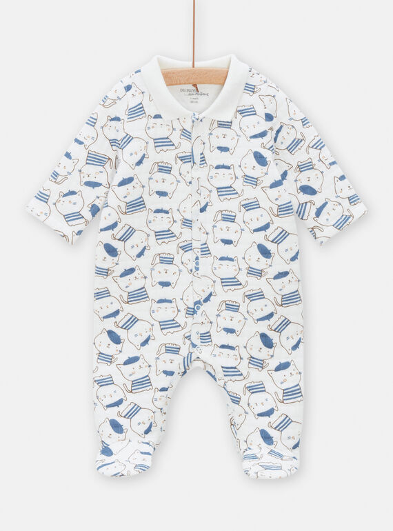 Off-white und blau gequilteter Schlafanzug mit Katzenprint für Baby-Jungen TOU1GRE3 / 24SF04H4GREA001