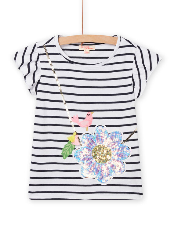 Kind Mädchen ecru gestreiftes Animations-T-Shirt mit Blumentasche NASOTI3 / 22S901Q3TMC001
