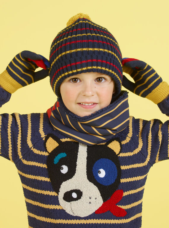Mitternachtsblau, gelb und rot gestreifte Mütze mit Pompon für Babyjungen MYOGROBON2 / 21WI0254BON705
