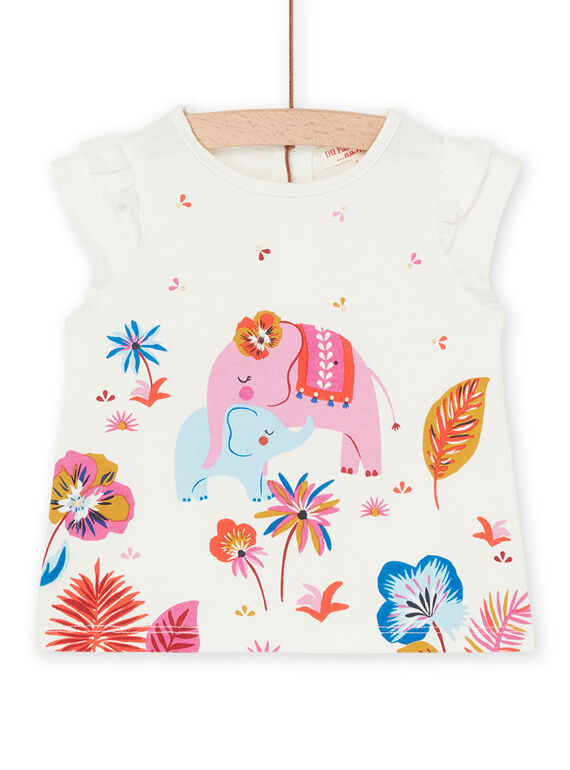 Ecru T-Shirt mit Elefanten- und Blumenmuster RIJUNTI / 23SG09U1TMC001