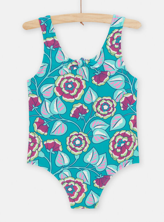 Einteiliger Badeanzug in Türkis mit Blumenprint für Mädchen TYAMER3 / 24SI01G6MAI202