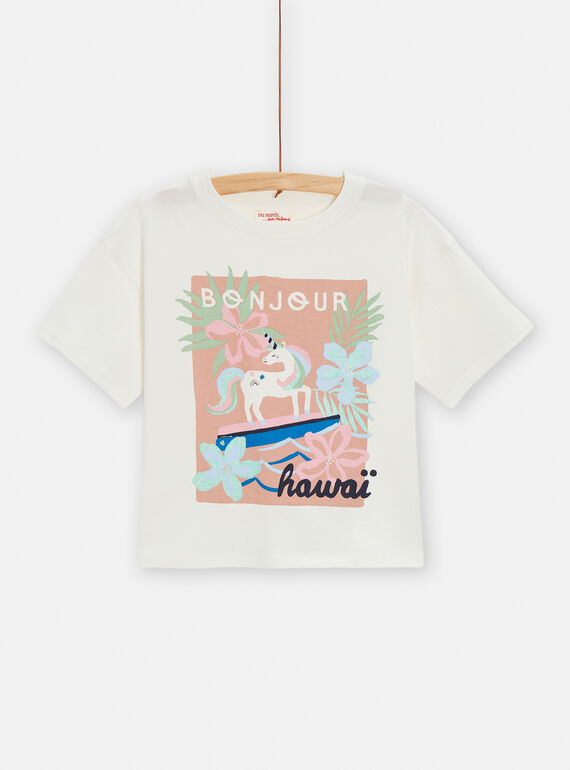 T-Shirt für Mädchen in Ecru mit fantasievollem Einhornmuster TAJOTI6 / 24S901C1TMC001