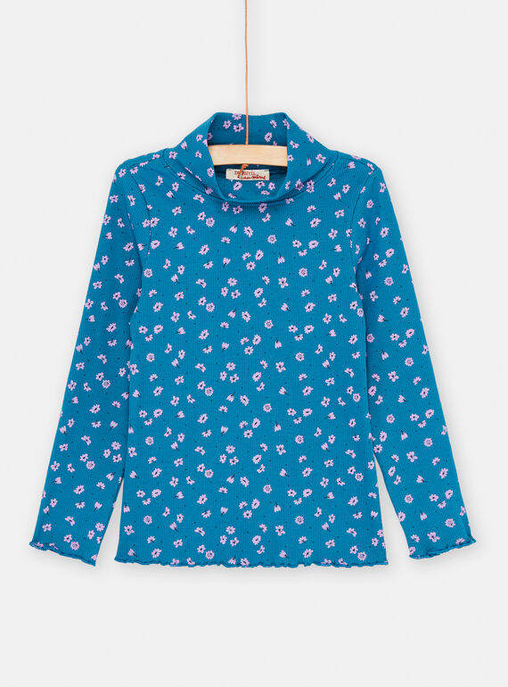 Petrolblauer Unterziehpullover mit Blumenprint für Mädchen SAJOSOUP6 / 23W901N9SPL215
