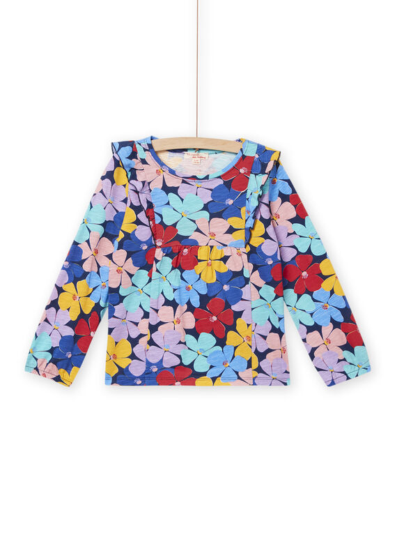 Kind Mädchen marineblaue Bluse mit buntem Blumendruck NALUTEE3 / 22S901P1TML070