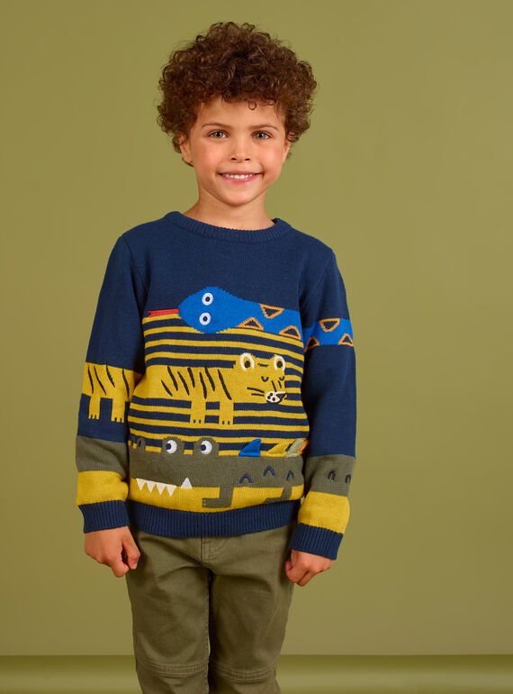 Nachtblauer Pullover mit Tieranimationen für Jungen MOKAPUL / 21W902I1PUL705