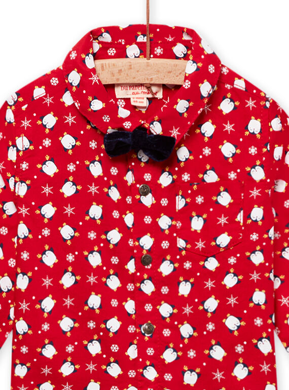 Rotes Oxford-Shirt mit Pinguin-Print, Flocken und Fliege Baby Junge MUNOCHEM / 21WG10Q2CHM050