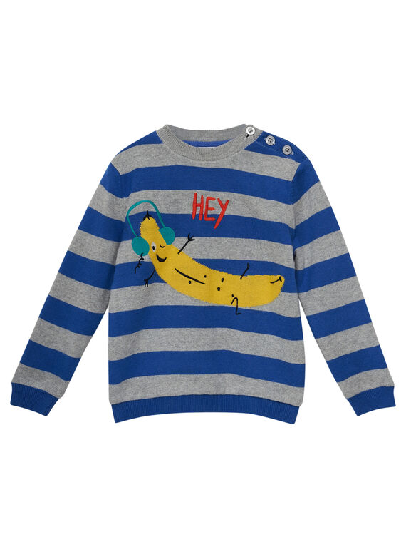 Grau chinierter Pullover mit Fleecefutter und blauen Streifen für Jungen JOVIPUL / 20S902D1PUL703
