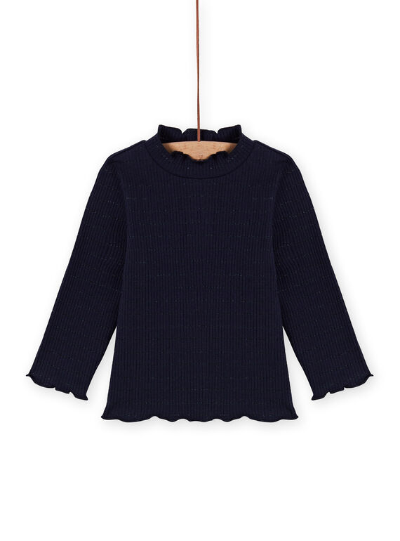 Marineblaue gerippte Unterhemd für Mädchen mit schillernden Streifen MIJOSOUPRIB2 / 21WG09N4SPL070