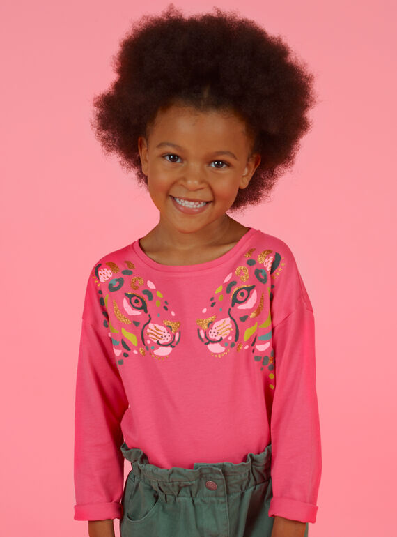 Child girl's pink leopard print long sleeve T-shirt MAKATEE2 / 21W901I1TMLD305
