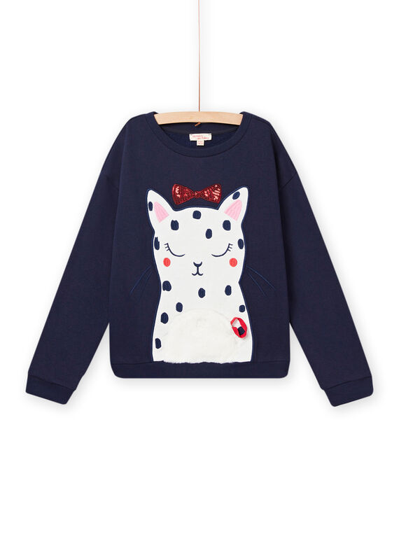 Kind Mädchen navy blau Katze Animation Fleece-Sweatshirt NALUSWEA2 / 22S901P1SWE070