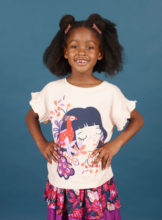 Kurzarm-T-Shirt für Mädchen in Hellrosa mit Pfauenmotiven MAPATI2 / 21W901H2TMCD319