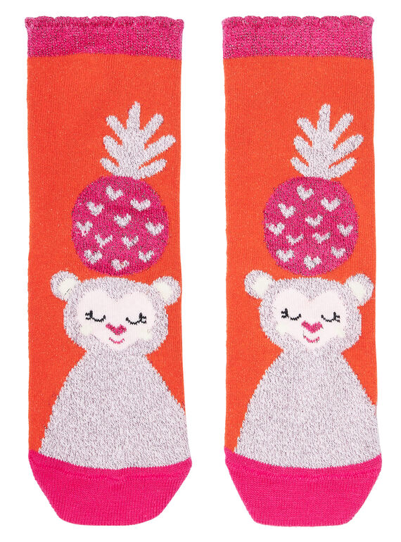 Orangefarbene Mädchensocken mit Affenmotiv und Lurexdetails JYAVICHO / 20SI01D1SOQ406