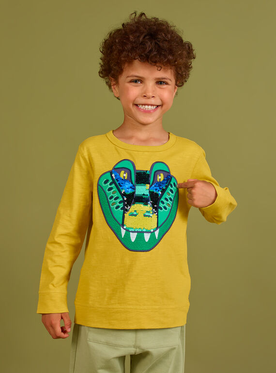 Gelbes Krokodil-T-Shirt für Jungen mit Wendepailletten MOKATEE2 / 21W902I3TML106
