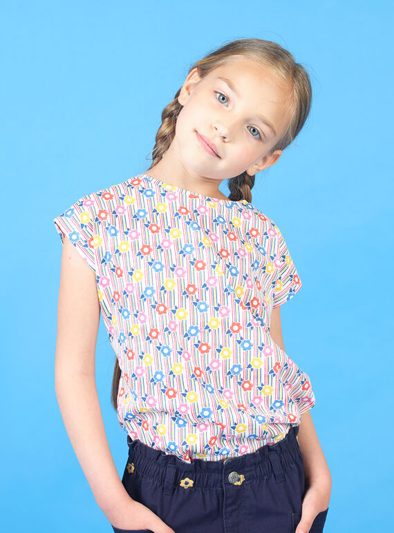 Rosa und blaues T-Shirt mit Streifen und Blumendruck Kind Mädchen LAHATI2 / 21S901X2TMC001