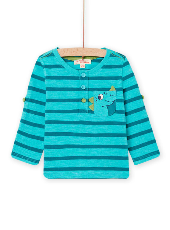 Türkis gestreiftes T-Shirt mit Dinosaurier-Muster Baby Junge NUJOTUN1 / 22SG1074TML202