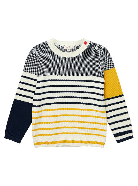 Gestreifter jacquardgemusterter Baumwollpullover für Jungen in Marineblau, Gelb und Grau JOJOPUL4 / 20S90241D2E705