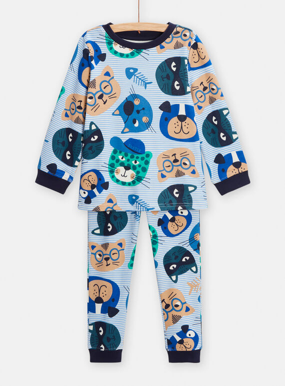 Blauer Pyjama mit Hunde- und Katzendruck und Streifenmuster für Jungen TEGOPYJTETE / 24SH124BPYJ001