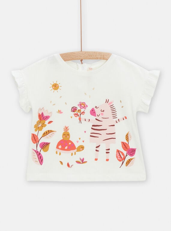 Baby-Mädchen-T-Shirt in Ecru mit Tier- und Blumenprint TILITI / 24SG09T1TMC001