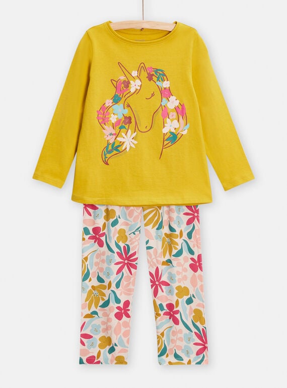 Olivgrüner Pyjama mit Einhorn und Blumenmuster für Mädchen TEFAPYJFLO / 24SH1145PYJ633