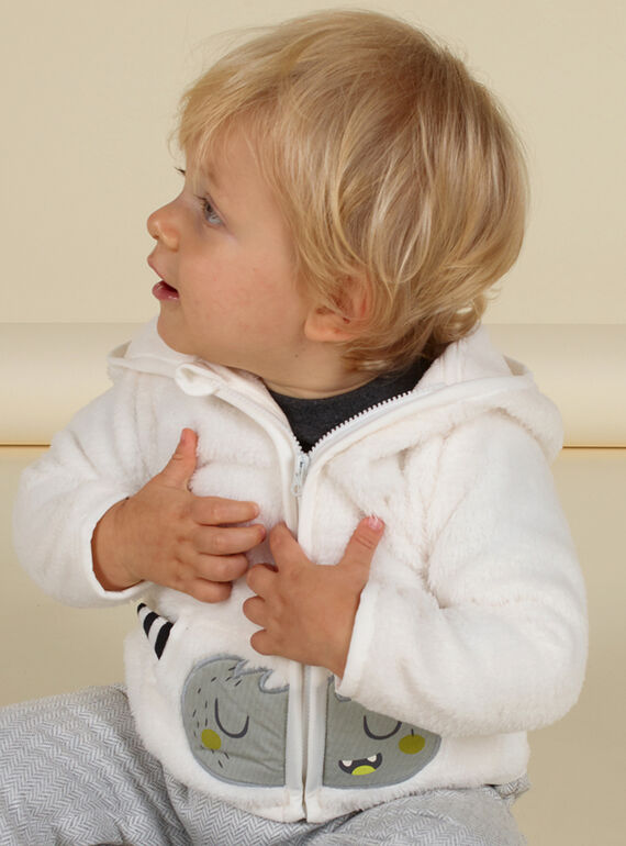 Ecru Kapuzenweste mit Monstermuster in weicher Boa für Baby Boy MUHIGIL / 21WG10U1GIL001