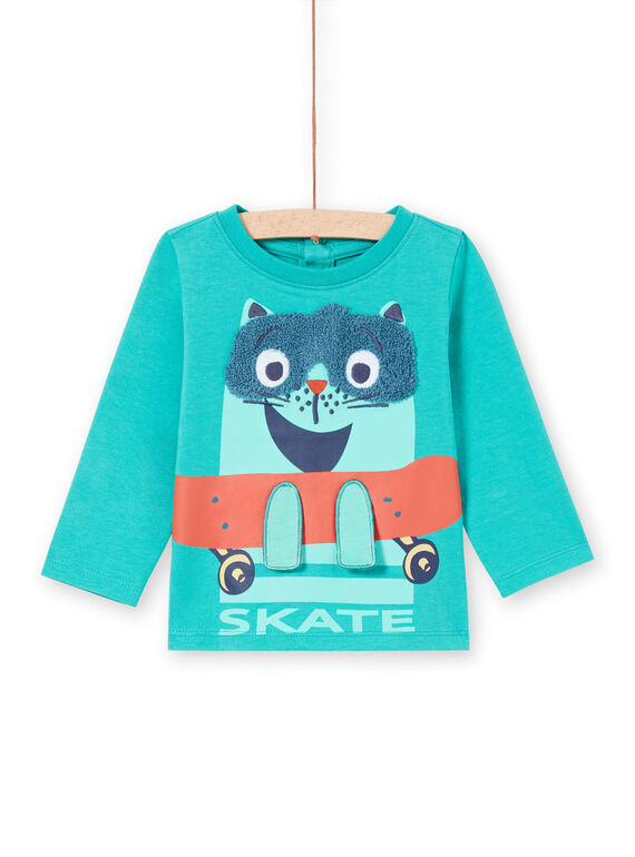 Türkises Langarm-T-Shirt mit Skater-Katzen-Design für Baby-Junge MUTUTEE1 / 21WG10K2TMLC217