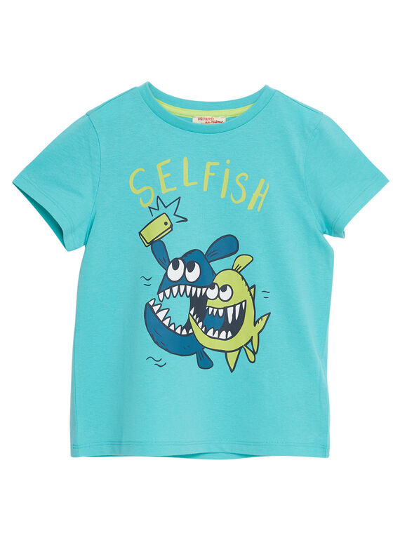 Türkisfarbenes kurzärmeliges T-Shirt für Jungen, mit aufgedruckten „Selfish“-Fischen JOJOTI7 / 20S902T2D31204